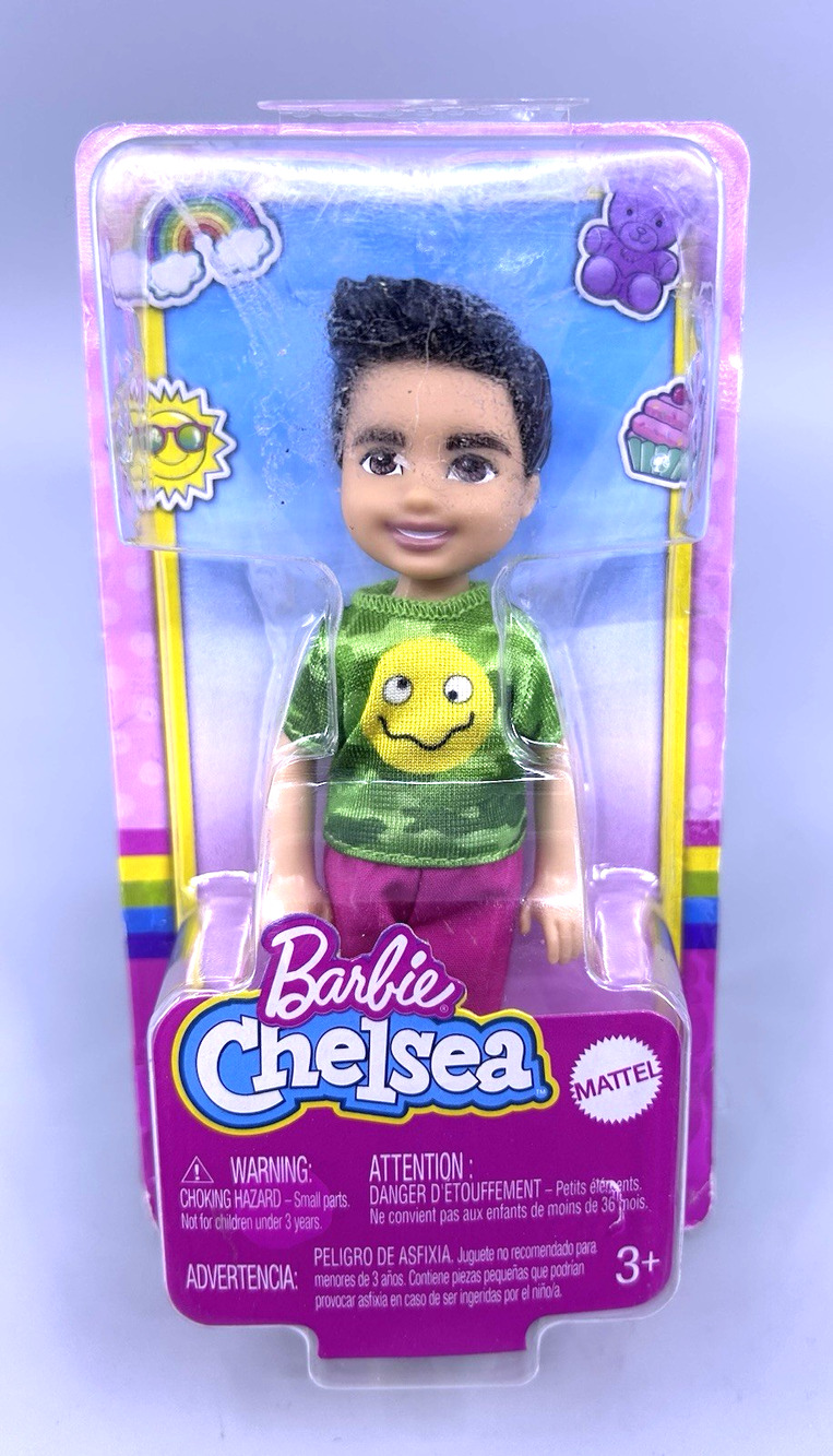 BARBIE CHELSEA DOLL Brunette BOY Green Camo Shirt Smiley Emoji 2020 Mattel NEW